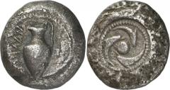 The Prospero Collection of Ancient Greek Coins. AEGEAN ISLANDS. The Cyclades, Melos (c.475-460 B.C.), Silver Stater, 14.21g. MAΛICN (retrograde), oinochoe, with a handle on right. Rev. Three dolphins 