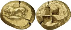 The Prospero Collection of Ancient Greek Coins. MYSIA. Kyzikos (c.550-500 B.C.), Electrum Stater, 16.04g. Lion standing to left, its mouth open, a tunny below. Rev. Quadripartite incuse square (W. Gre