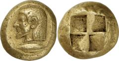 The Prospero Collection of Ancient Greek Coins. MYSIA. Kyzikos (c.550-500 B.C.), Electrum Stater, 16.06g. Male head facing to left, with a pointed beard, a tunny below to left. Rev. Quadripartite incu
