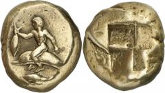 The Prospero Collection of Ancient Greek Coins. MYSIA. Kyzikos (c.500-450 B.C.), Electrum Stater, 15.83g. Boy (Taras?), naked, seated astride a dolphin to left, holding a tunny by the tail in his exte
