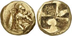 The Prospero Collection of Ancient Greek Coins. MYSIA. Kyzikos (c.500-450 B.C.), Electrum Hekte, 2.70g. Warrior, naked and wearing a crested Corinthian helmet, kneeling to right, holding an arrow in b
