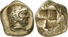 The Prospero Collection of Ancient Greek Coins. MYSIA. Kyz ikos (c.450-400 B.C.), Electrum Stater, 15.97g. Head of Herakles facing to right, wearing a lion’s skin headdress, a tunny below. Rev. Quadri
