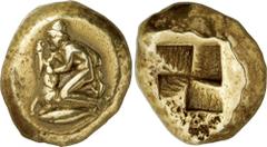 The Prospero Collection of Ancient Greek Coins. MYSIA. Kyzikos (c.450-400 B.C.), Electrum Stater, 16.11g. Male figure (Odysseus?), wearing a pilos and a chlamys, kneeling to left, in the act of sacrif