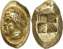 The Prospero Collection of Ancient Greek Coins. MYSIA. Kyzikos (c.450-400 B.C.), Electrum Stater, 16.08g. Head of bearded Silenos facing to left, with a goat’s ear, wearing a wreath of ivy, a tunny be