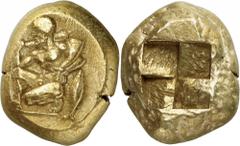 The Prospero Collection of Ancient Greek Coins. MYSIA. Kyzikos (c.450-400 B.C.), Electrum Stater, 16.03g. Herakles, naked, kneeling to left, holding a club over his right shoulder and holding a horn i