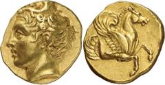 The Prospero Collection of Ancient Greek Coins. MYSIA. Lampsakos (c.350 B.C.), Gold Stater, 8.39g,. Head of the hunter Aktaion facing to left, wearing a stag’s horn above his forehead. Rev. Forepart o