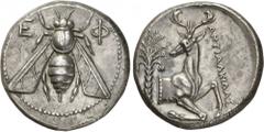 The Prospero Collection of Ancient Greek Coins. IONIA. Ephesos (c.390-325 B.C.), Silver Tetradrachm, 15.18g,. Magistrate Antialkidas. E-Φ , bee with straight wings. Rev. ANTIAΛKIΔAΣ , forepart of a st