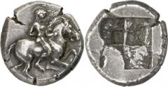 The Prospero Collection of Ancient Greek Coins. IONIA. Erythrai (c.500-480 B.C.), Silver Didrachm, 7.02g. Naked horseman galloping to right. Rev. Quadripartite incuse square (Rosen 573 (this coin); Ja