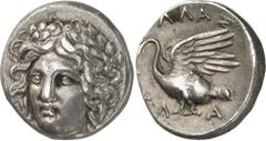 The Prospero Collection of Ancient Greek Coins. IONIA. Klazomenai (c.370 B.C.), Silver Drachm, 4.09g,. Head of Apollo facing, inclined slightly to left, wearing a laurel-wreath. Rev. KΛA , swan facing
