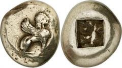 The Prospero Collection of Ancient Greek Coins. IONIAN ISLANDS. Chios (c.525-500 B.C.), Electrum Stater, 14.02g. Sphinx, with curved wing, seated facing to right. Rev. Incuse square, with a deep and u