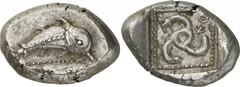 The Prospero Collection of Ancient Greek Coins. LYCIA. Dyna sts of Lycia, Kuprlli (c.460-440 B.C.), Silver Stater, 9.73g,. Dolphin to right, a dotted line along its body, a dotted line below. Rev. KO 