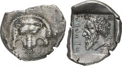 The Prospero Collection of Ancient Greek Coins. LYCIA. Dyn asts of Lycia, Mithrapata (c.380-360 B.C.), Silver Stater, 9.77g,. Lion’s scalp facing, small triskeles below. Rev. Lycian legend (‘Mithrapat