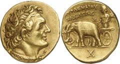 The Prospero Collection of Ancient Greek Coins. KINGDOM OF EGYPT. Ptolemy I Soter (c.305-282 B.C.), Gold Stater, 7.11g,. Mint of Alexandria, struck c.298/7-295/4 B.C. Head facing to right, wearing a d