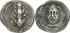 The Prospero Collection of Ancient Greek Coins. KYRENAIKA. Barke (c.360 B.C.), Silver Tetradrachm, 13.16g,. B – A / P – K / A – I , silphium plant. Rev. AKE – ΣIOΣ , facing head of Zeus Ammon, with hi