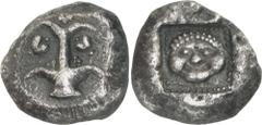 The Prospero Collection of Ancient Greek Coins. KYRENAIKA. Kyrene (c.525-480 B.C.), Silver Tetradrachm, 17.27g,. Silphium plant with four leaves, a fruit to left and right. Rev. Gorgon’s head facing, 