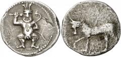 ANCIENT COINS. GREEK. Spain, Balearic Islands, Ebusus (3rd Century B.C.), Silver Hemidrachm, 2.49g, 4h. Squatting Bes facing, holding a mace and a serpent. Rev. Bull walking left (SNG Copenhagen 85). 