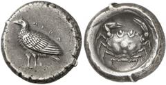 ANCIENT COINS. GREEK. Sicily, Akragas (c.490-480 B.C.), Silver Didrachm, 8.74g, 9h. AKPA , eagle standing left. Rev. Crab (SNG ANS 940 (this obverse die); Boston 226; Dewing 552). Attractive cabinet t