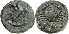 ANCIENT COINS. GREEK. Sicily, Akragas (c.425-400 B.C.), AE Hemilitron, 22.59g, 12h. Eagle standing right, its wings slightly open and head raised screaming, holding a tunny fish in talons. Rev. Crab, 