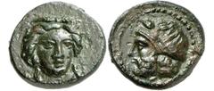 ANCIENT COINS. GREEK. Sicily, Gela (c.339-310 B.C.), AE Tetras, 2.90g, 7h. Head of Demeter facing, slightly inclined to right, wearing a wreath of corn-ears. Rev. Bearded head of the river-god Gelas f