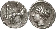 ANCIENT COINS. GREEK. Sicily, Syracuse (second Democracy, 466-405 B.C.), Silver Tetradrachm, 17.27g, 8h. Struck c.420-415 B.C. Charioteer, wearing a long chiton and holding a kentron and the reins, dr