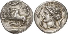 ANCIENT COINS. GREEK. Sicily, Syracuse (second Democracy, 466-405 B.C.), Silver Tetradrachm, 17.26g, 11h. Reverse die signed by Parme(nides), struck c.415-405 B.C. Charioteer, wearing a long chiton an