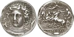 ANCIENT COINS. GREEK. Sicily, Syracuse, Dionysios I (c.405-367 B.C.), Silver Tetradrachm, 17.15g, 12h. Signed on both the obverse and reverse by the artist Kimon, struck c.405-400 B.C. Head of Arethus