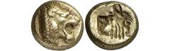 ANCIENT COINS. GREEK. Lesbos, Mytilene (c.521-478 B.C.), Electrum Hekte, 2.56g, 6h. Head of a roaring lion facing right. Rev. Incuse head of a calf facing right (Bodenstedt 13; SNG von Aulock 7722). G