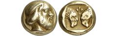 ANCIENT COINS. GREEK. Lesbos, Mytilene (c.440-400 B.C.), Electrum Hekte, 2.49g, 3h. Head of a bearded satyr facing right, wearing a taenia. Rev. Two ram’s heads confronted, a palmette above, all withi