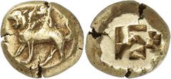 ANCIENT COINS. GREEK. Uncertain Mint in Northwest Asia Minor (c.600-560 B.C.), Electrum Stater, 16.56g. Chimaera, with the body of a lion, the head of a goat rising from its back, and its tail ending 
