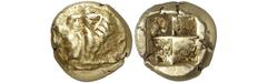 ANCIENT COINS. GREEK. Ionia, Phokaia (c.477-388 B.C.), Electrum Hekte, 2.59g. Head of a roaring lion facing left. Rev. Quadripartite incuse square (Bodenstedt 38). Very fine. Rare. $500