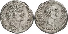 ANCIENT COINS. ROMAN. Mark Antony & Lucius Antony, Silver Denarius, 3.58g, 12h. Mint of Ephesus, struck by M. Nerva, 41 B.C. M ANT IMP AVG III VIR R P C [M] NERVA PRO Q P , bare head of Mark Antony fa