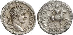 ANCIENT COINS. ROMAN. Caracalla (A.D. 198-217), Silver Denarius, 3.38g, 6h. Struck A.D. 208. ANTONINVS PIVS AVG , head facing right, wearing a laurel-wreath. Rev. PONTIF TR P XI COS III, PROF (in exer