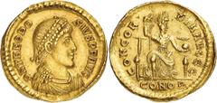 ANCIENT COINS. ROMAN. Theodosius I (A.D. 379-395), Gold Solidus, 4.44g, 1h. Mint of Constantinople, struck A.D. 380. DN THEODOSIVS PF AVG , pearl-diademed, draped and cuirassed bust of Theodosius faci