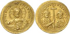 ANCIENT COINS. BYZANTINE. Basil II Bulgaroktonos with Constantine VIII (A.D. 976-1025), Gold Histamenon, 4.39g, 7h. A.D. 1005-1025. Nimbate facing bust of Christ, crescents in upper quadrants of nimbu