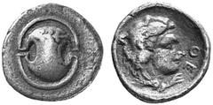 ANCIENT COINS GREEK COINS BOEOTIA THEBES No.: 112 Estimate: $ 80 d=12 mm Obol, about 370-350. AR 0.89 g. Boeotian shield decorated with a club. Rev. QE Youthful head of Heracles r., wearing lion's ski