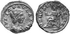 ANCIENT COINS ROMAN COINS IMPERIAL COINAGE JULIA PAULA, his first wife, 219-220 No.: 344 Estimate: $ 240 d=19 mm Denarius. AR 3.61 g. As previous. Rev. VENVS GENETRIX Venus, draped and diademed, seate