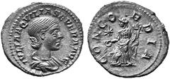 ANCIENT COINS ROMAN COINS IMPERIAL COINAGE AQUILIA SEVERA, his second wife, 220-221 No.: 345 Estimate: $ 750 d=20 mm Denarius. AR 3.25 g. IVLIA AQVILIA SEVERA AVG Draped bust r., hair waved and fasten