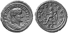 ANCIENT COINS ROMAN COINS IMPERIAL COINAGE MAXIMINUS I THRAX, 235-238 No.: 353 Estimate: $ 1000 d=28 mm As, 236. AE 13.32 g. MAXIMINVS PIVS AVG GERM Laureate, draped and cuirassed bust r., seen from r