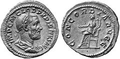 ANCIENT COINS ROMAN COINS IMPERIAL COINAGE PUPIENUS, 238 No.: 361 Estimate: $ 500 d=20 mm Denarius. AR 2.96 g. IMP C M CLOD PVPIENVS AVG Laureate, draped and cuirassed bust r., seen from rear. Rev. CO