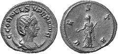 ANCIENT COINS ROMAN COINS IMPERIAL COINAGE CORNELIA SUPERA, his wife No.: 383 Estimate: $ 6000 d=22 mm Antoninianus, 253. AR 4.15 g. C CORNEL SVPERA AVG Draped, diademed bust on crescent r., hair on b