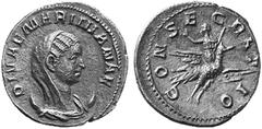 ANCIENT COINS ROMAN COINS IMPERIAL COINAGE MARINIANA, his wife No.: 385 Estimate: $ 750 d=22 mm Antoninianus, posthumous. AR 2.91 g. DIVAE MARINIANAE Draped and veiled bust r. on crescent. Rev. CONSEC