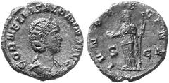 ANCIENT COINS ROMAN COINS IMPERIAL COINAGE SALONINA, his wife No.: 387 Estimate: $ 800 d=24 mm As, 255-256. AE 6.92 g. CORNELIA SALONINA AVG Diademed and draped bust r., hair on back tied up in plait 