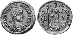 THE DARK AGES No.: 413 Estimate: $ 1000 d=22 mm VISIGOTHS IN GAUL AND SPAIN. Pseudo-Imperial Solidus in the name of Valentinianus III, about 425-455. AV 4.40 g. D N PIA VALENTI-NIANVS P F AVG Draped, 