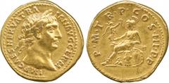 ANCIENT COINS. Roman Coins. Mint of Rome unless otherwise stated. Trajan (A.D. 98-117), Gold Aureus, 7.37g, 7h.Struck A.D. 100. IMP CAES NERVA TRAIAN AVG GERM , head of Trajan right, laureate. Rev. P 