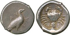ANCIENT COINS. GREEK COINS. Sicily, Akragas (c.485-470 B.C.), Silver Didrachm, 8.66g, 3h. AK / RA , eagle standing right, its wings closed. Rev. crab, a small young male head facing right below, betwe