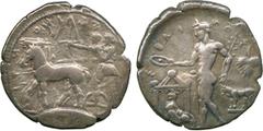 ANCIENT COINS. GREEK COINS. Si cily, Selinos (c.450 B.C.), Silver Tetradrachm, 17.00g, 9h. ΣEΛINO-NTI-[OΣ] (retrograde), quadriga moving slowly to left, driven by Artemis, who holds the reins, Apollo 