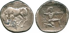 ANCIENT COINS. GREEK COINS. Crete, Praisos (c.450-400 B.C.), Silver Stater, 11.68g, 12h. Cow (or mare?) standing to left, its head turned back to face towards an infant (Zeus?) kneeling below and appa