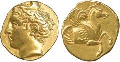 ANCIENT COINS. GREEK COINS. My sia, Lampsakos (c.350 B.C.), Gold Stater, 8.39g, 4h. Head of the hunter Aktaion facing to left, wearing a stag’s horn above his forehead. Rev. Forepart of Pegasos facing