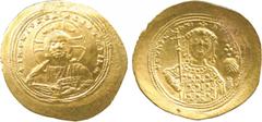 ANCIENT COINS. BYZANTINE. Mint of Constantinople unless otherwise stated. Constantine IX, Monomachus (A.D. 1042-1055), Gold Histamenon, 4.40g.Bust of Christ facing, wearing nimbus cruciger, pallium an