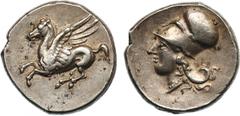 ANCIENT COINS, GREEK COINS, Bruttium, Medma (c.330-320 BC), Silver Stater, 8.5g. Pegasos flying left; no mint control. Rev. Head of Athena facing left, wearing Corinthian helmet; no symbol or letters 